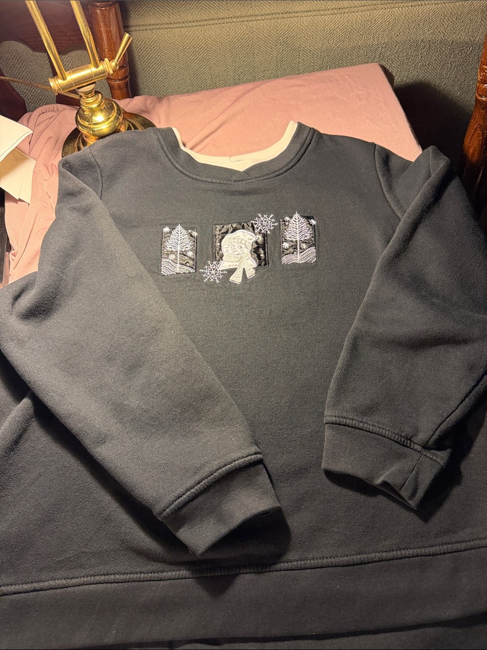 Studio Works Black Crewneck Sweater with Embroidered Winter Motif